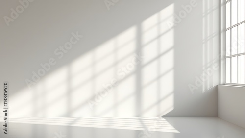Authentic wall featuring a gobo shadow. Shadows cast by the window frame and blinds on a white studio background with a vector set of the lightning effect overlay.