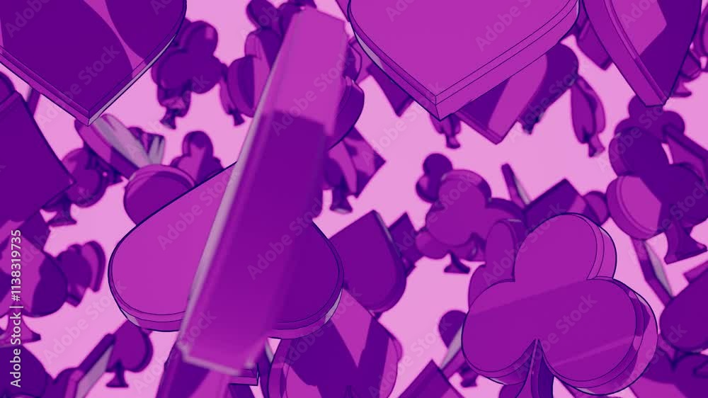 A flythrough animation through an array of illustrated cartoon casino card heart, diamond, spade, and club symbols rotating randomly in the air on a pink background A flythrough animation through an array of illustrated cartoon casino card heart, diamond, spade, and club symbols rotating randomly in the air on a pink background