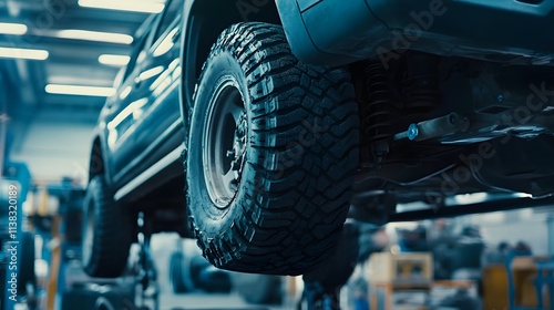 SUV Tire Rotation: A Close-Up View of a Powerful All-Terrain Tire, Elevated on a Hydraulic Lift in an Auto Repair Shop. 