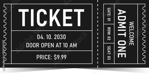 Event Ticket with Date and Price. Modern Admit One. Black and White Ticket