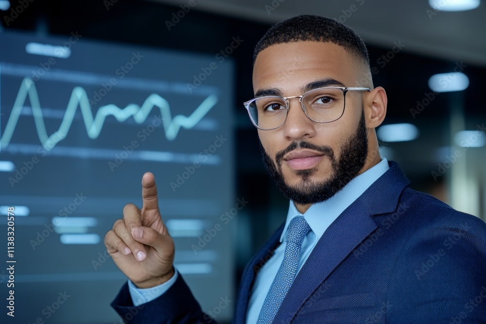 A confident executive delivering a presentation in a corporate boardroom, pointing to a large digital screen with charts A confident executive delivering a presentation in a corporate boardroom, pointing to a large digital screen with charts