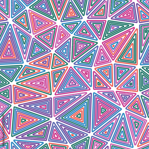 Triangles pattern geometric design. Multiple repeated inner triangles. Large shape size. Multicolored style. Seamless pattern. Vibrant vector tiles. Elegant vector illustration.