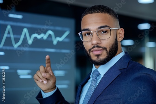 A confident executive delivering a presentation in a corporate boardroom, pointing to a large digital screen with charts