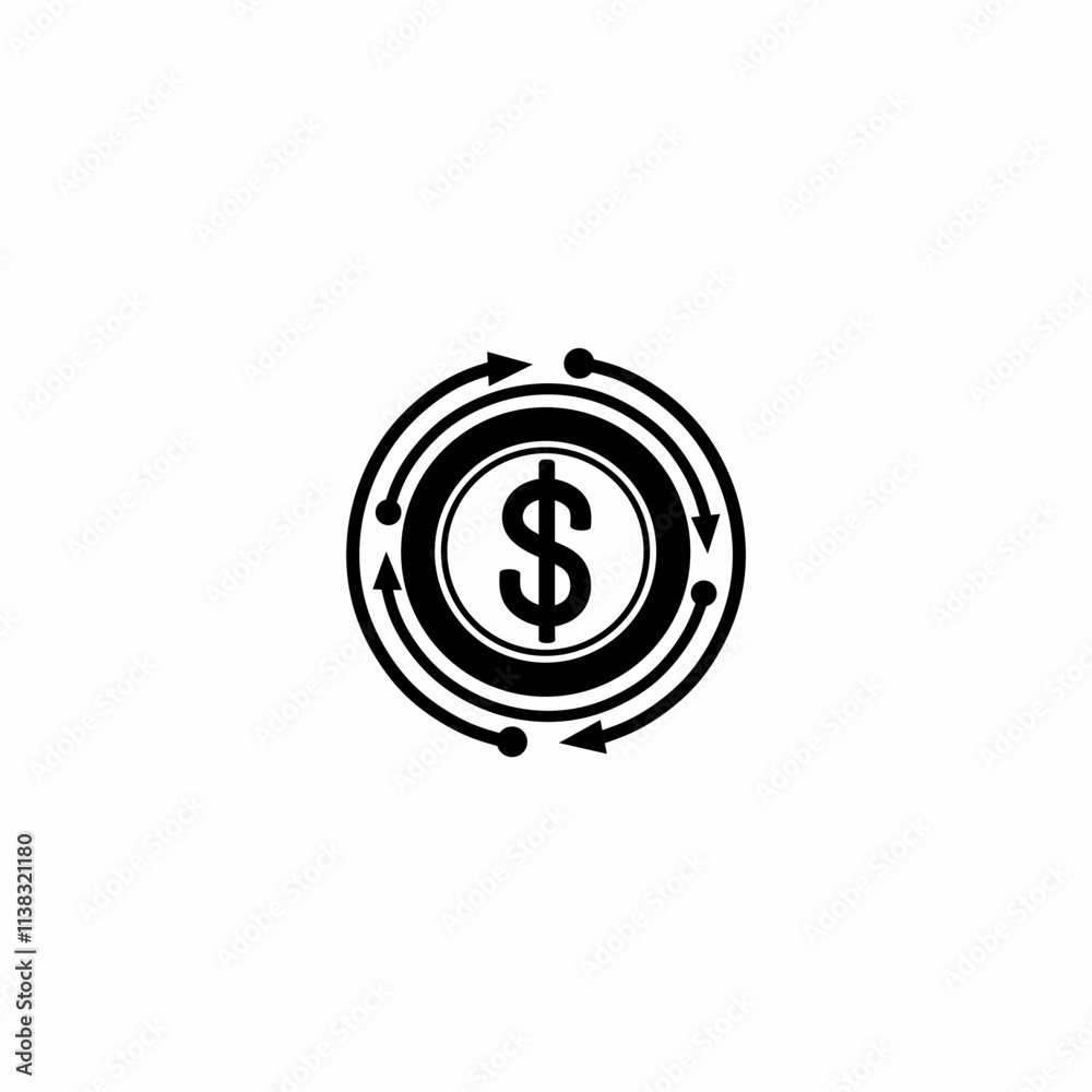 Vector illustration of dollar sign icon surrounded by circular arrows, symbolizing financial rotation, money circulation, and economic concept, good for business, finance, and economy design context. Vector illustration of dollar sign icon surrounded by circular arrows, symbolizing financial rotation, money circulation, and economic concept, good for business, finance, and economy design context.