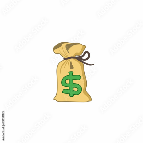 Vector illustration of sack or bag with dollar sign, symbolizing money or wealth, isolated on white background. This image can represent finance, investment or income concept.