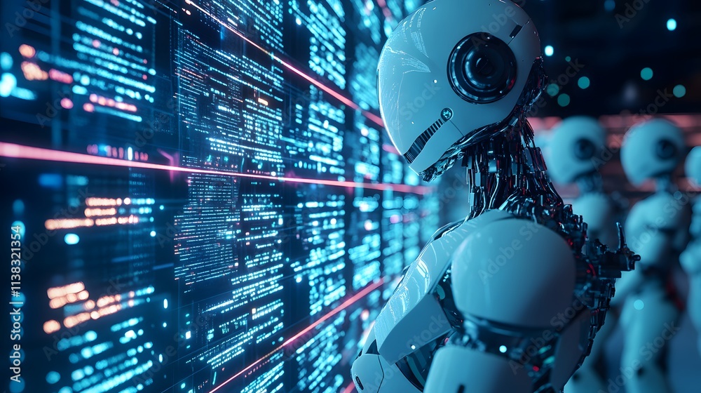 Futuristic robots analyze glowing digital data streams in a virtual environment. Cyberpunk aesthetics. Futuristic robots analyze glowing digital data streams in a virtual environment. Cyberpunk aesthetics.