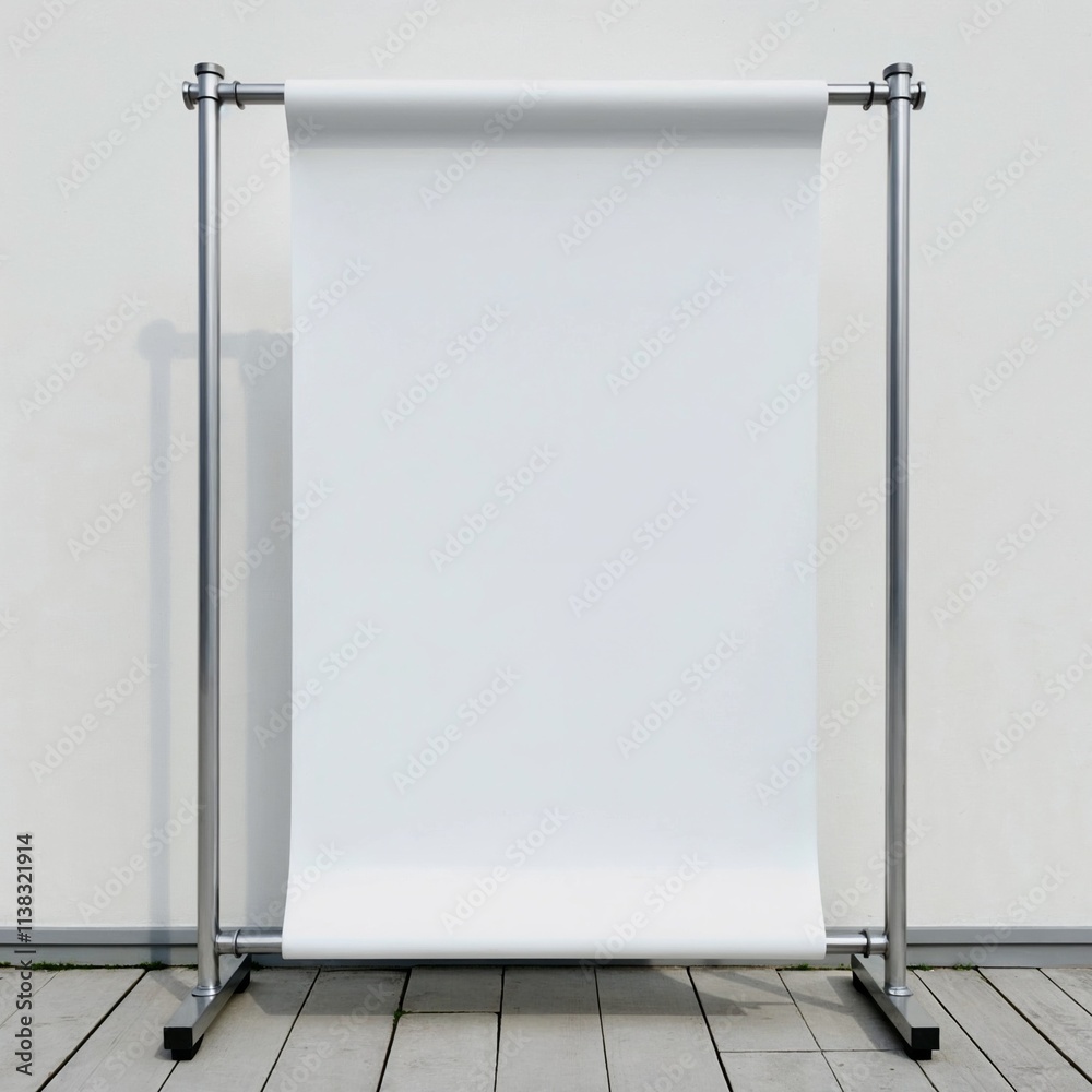 Clean Vinyl Banner on a Metal Frame Outdoors in Front of a Blank White Wall with Soft Natural Lighting Clean Vinyl Banner on a Metal Frame Outdoors in Front of a Blank White Wall with Soft Natural Lighting