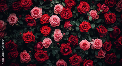 Vibrant display of blooming roses in a lush garden during late spring afternoon. A wall of red and pink roses, arranged in an intricate pattern, symbolizing love and romance for Valentine's Day.
