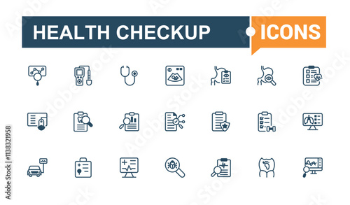 Set of Health Checkup line icons. Contains related to doctor, scan, ambulance, care, diagnostic, health, blood, laboratory. Minimal linear icons. Vector outline and solid icons collection.