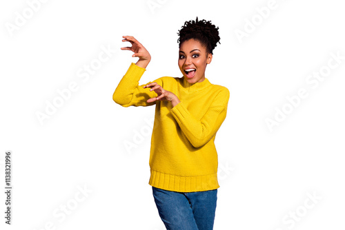 Portrait of funny funky person people acting like wild animal wear denim jeans isolated over purple background