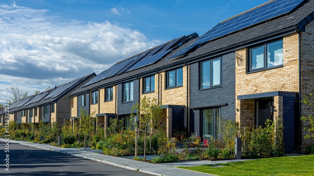 Modern Housing Complex with Solar Panel Roofs Under Bright Blue Skies Modern Housing Complex with Solar Panel Roofs Under Bright Blue Skies