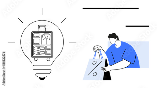 Light bulb with suitcase icon beside person holding shopping bags. Ideal for travel, packing tips, shopping efficiency, retail promotions, organizational tools, modern lifestyle, minimalist design