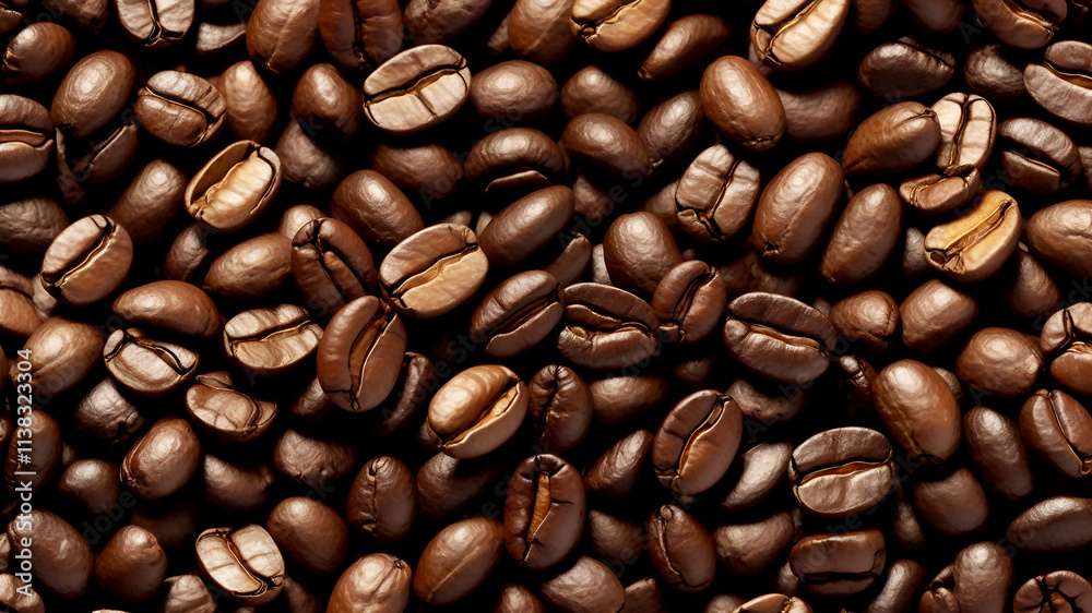 Fototapeta premium Creative coffee banner panorama wallpaper, seamless pattern texture - Top view of brown roasted coffee beans, top view