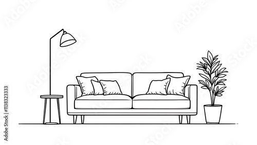 A single, uninterrupted line drawing depicting a sofa, lamp, and potted deciduous plant. Modern couch with two pillows in a simple linear design for the home. Editable stroke illustration photo