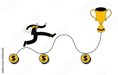 Man running on curved path to success. Vector illustration on the theme of investments on the way to success.