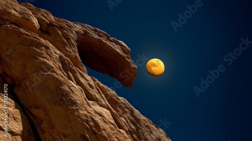 Lunar Rock Formation: A mesmerizing full moon, glowing amber, hovers near a uniquely shaped rock formation against a deep blue twilight sky.  The image evokes a sense of mystery and wonder.  photo