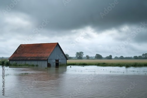 flooded barn in heavy rainfall with stormy sky, rising water, rural landscape, and natural disaster causing dramatic reflections photo