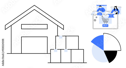 Warehouse building with stacked boxes, ecommerce shopping on mobile screen, pie chart with four segments. Ideal for logistics, online shopping, market analysis, supply chain, inventory management