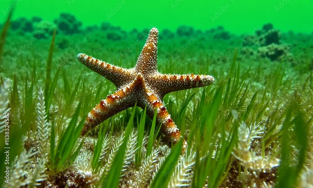 Starfish moving across the seagrass.. green screen. Starfish moving across the seagrass.. green screen.