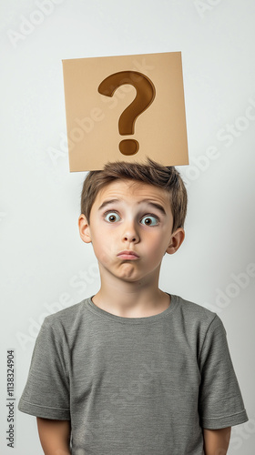 Education concept. Question mark icon above the boy's head. A boy who is confused about his lesson. Boy asking questions during brainstorming.