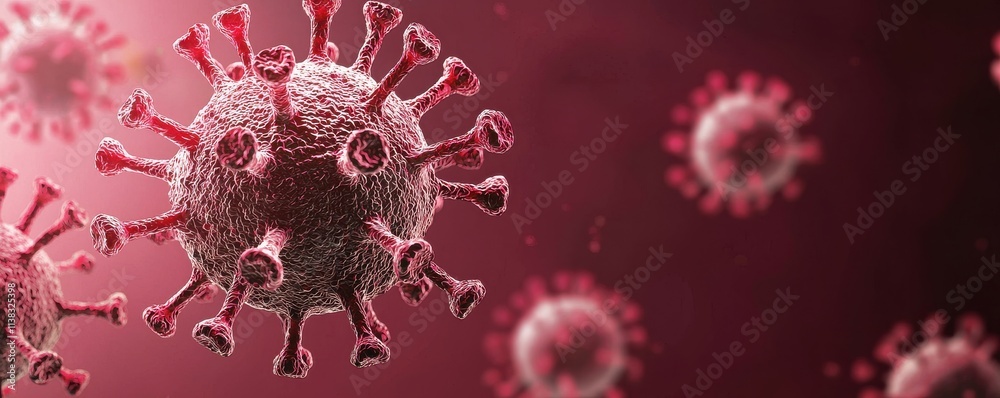 A close-up illustration of a virus, showcasing its intricate structure and spikes, set against a blurred red background. A close-up illustration of a virus, showcasing its intricate structure and spikes, set against a blurred red background.