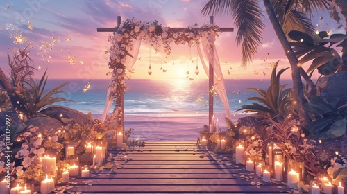 An elegantly decorated wedding altar by the beach at sunset, creating a breathtaking backdrop for the ceremony