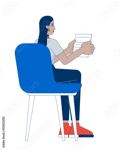 Sitting chair middle eastern female employee holding notes 2D cartoon character. Intern young adult arab woman paperwork isolated person flat vector on white background. Spot illustration colorful