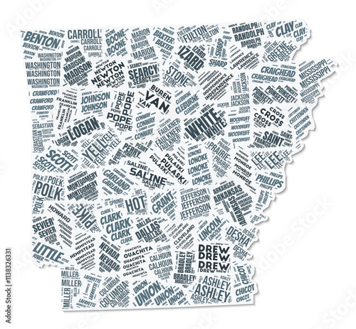 Arkansas shape text cloud. State border with shadow on white background. Arkansas with counties division in vintage gazette style. Artistic vector illustration.