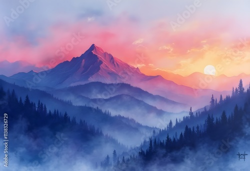 Dreamy Twilight Sky Over Mountain Silhouette