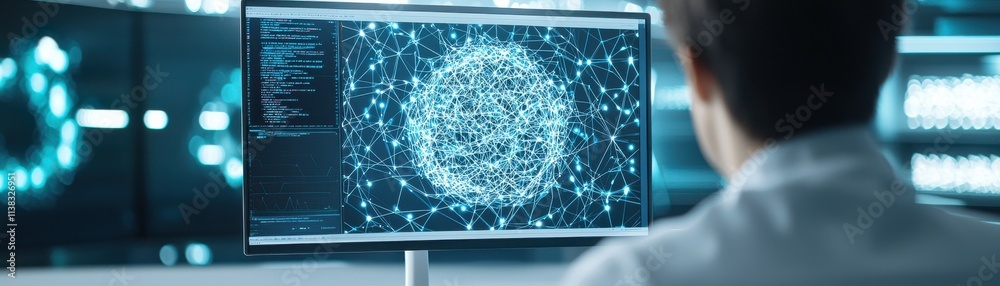 A person observes a high-tech screen displaying a complex network or data visualization, suggesting advanced technology and analysis. A person observes a high-tech screen displaying a complex network or data visualization, suggesting advanced technology and analysis.