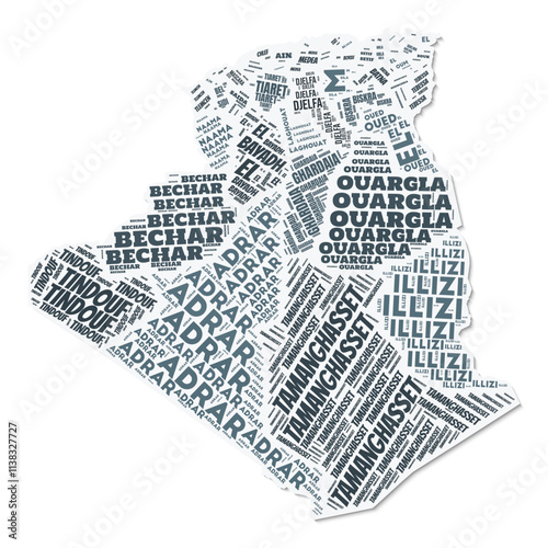 Algeria shape text cloud. Country border with shadow on white background. Algeria with regions division in vintage gazette style. Modern vector illustration.