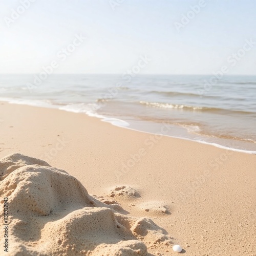 Photograph of a beach in natural earth tones, browns and beiges, muted colors, adorable and charming features