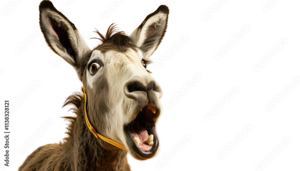 A close-up studio shot of a donkey's head and neck against a pure white background. A close-up studio shot of a donkey's head and neck against a pure white background.