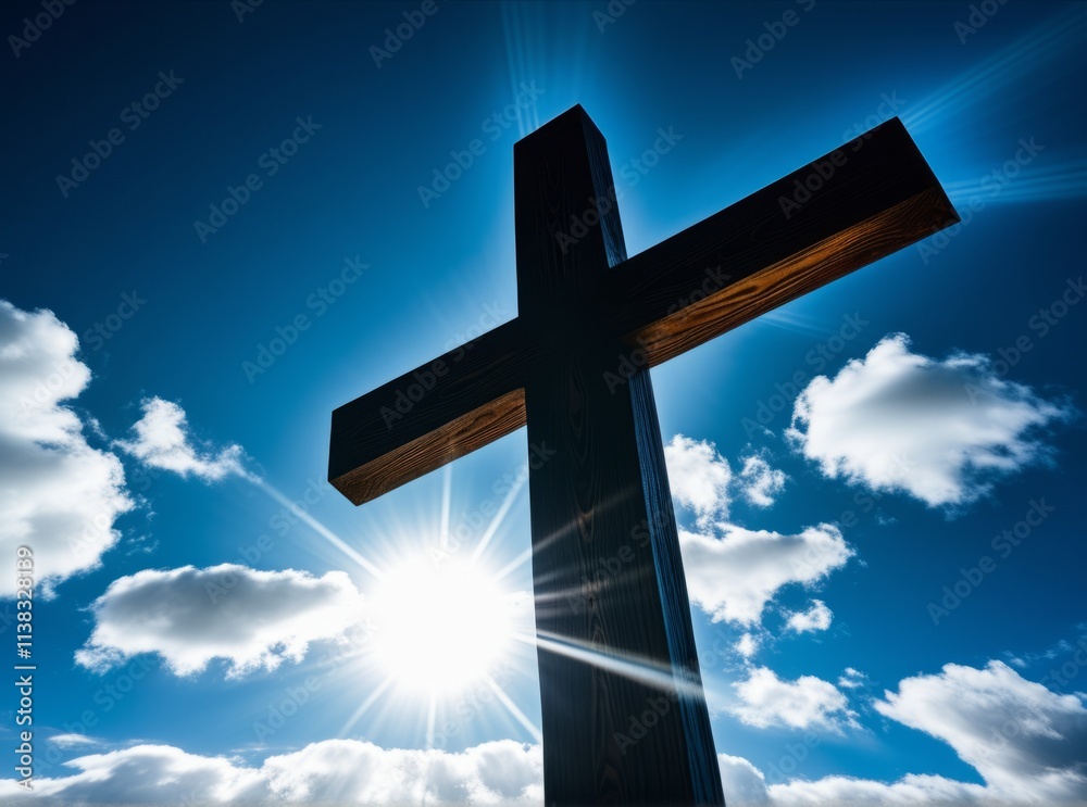 Cross silhouetted against a bright sun and cloudy sky during the golden hour at a peaceful location Cross silhouetted against a bright sun and cloudy sky during the golden hour at a peaceful location