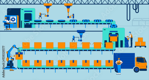 Automotive parts manufacturer flat illustration. Human workers monitoring industrial robots 2D characters cartoon background. Robotics factory production lines scene vector storytelling image