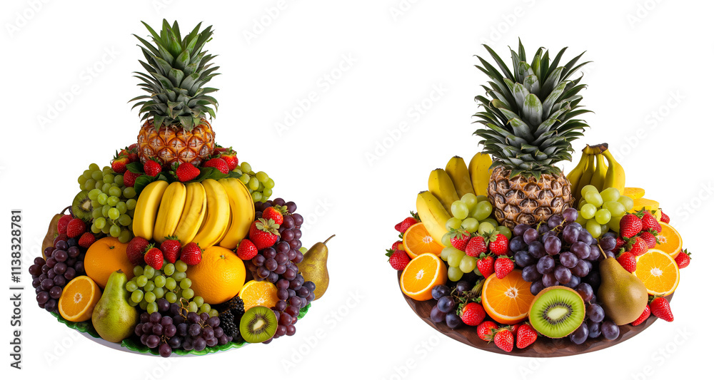 Fruit display, pineapple surrounded with bananas and grapes, oranges, pears, strawberries, kiwi, isolated on white or transparent background cutout PNG Fruit display, pineapple surrounded with bananas and grapes, oranges, pears, strawberries, kiwi, isolated on white or transparent background cutout PNG