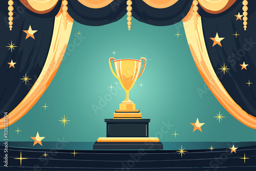 Award nomination ceremony luxury background. One trophy in the middle. Golden glitter stars and sparkles around. Fabric rich wavy curtains and podium. Festival atmosphere. Cartoon style vector