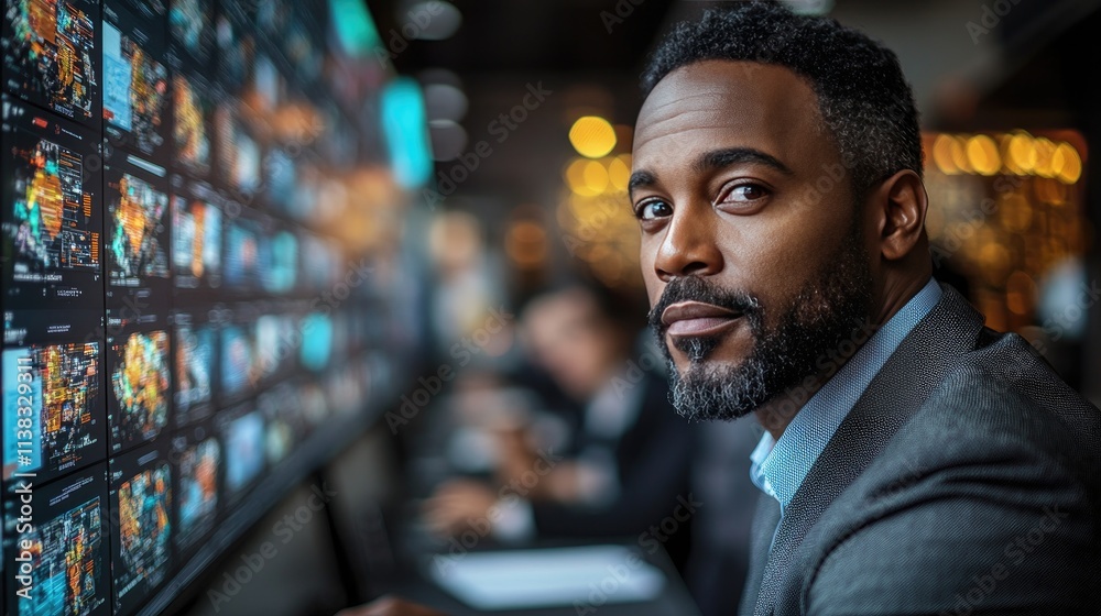 A Black man in a suit leads a virtual meeting, engaging with international team members displayed on a large screen in a modern office A Black man in a suit leads a virtual meeting, engaging with international team members displayed on a large screen in a modern office