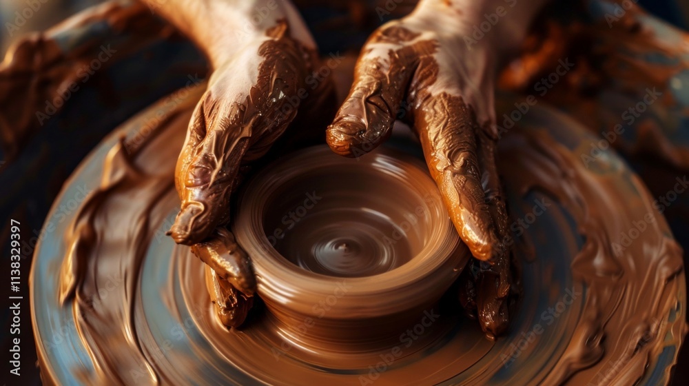 Fototapeta premium Close-up pottery session: hands shaping clay on wheel, tactile brown coating, warm workspace ambiance for crafting.