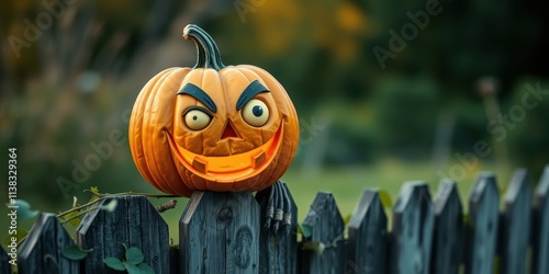 A mischievous jack-o-lantern with a toothy grin peeks over a weathered wooden fence, ready to welcome the spooky season. photo