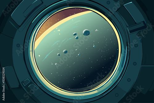 Background with a view of space from the porthole of a spaceship. Planet curve floating asteroids and stars are visible. Serene space scene. Backdrop foe cosmic projects. Cartoon style vector