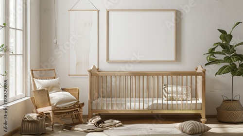 A cozy nursery room with natural light, wooden crib, rocking chair, toys, and green plant. Warm, playful atmosphere in light brown and beige tones. photo