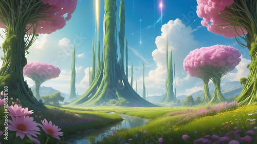 Surreal landscape of an alien planet with huge pink tree leaves