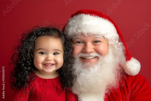 Cheerful noel, stunning baby girl! copyspace. Isolated white baby girl in santaâ€™s chair on red background. Santa kid chair. Santa lap family photo. Kid design photo. Cute family red christ. photo