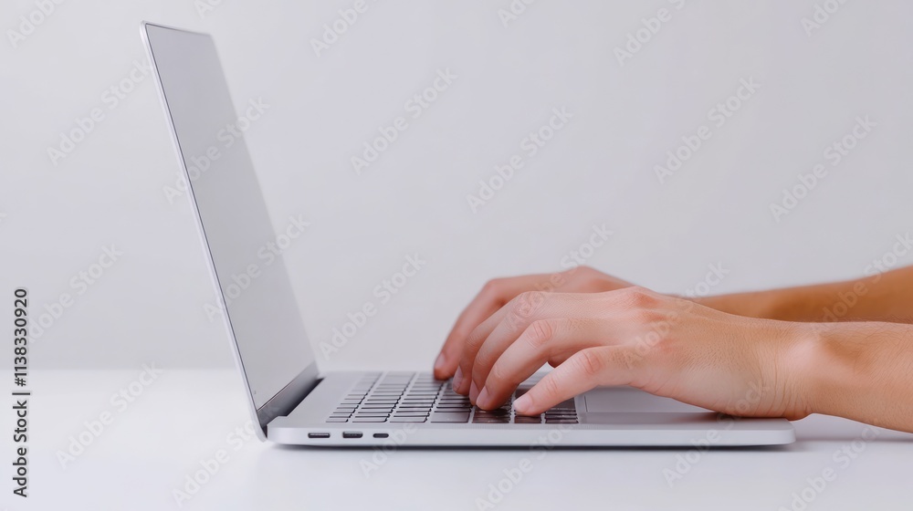 A person typing on a laptop with a neutral background. A person typing on a laptop with a neutral background.
