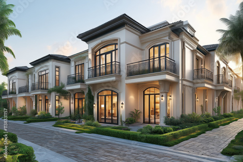 Luxurious townhouses at dusk.