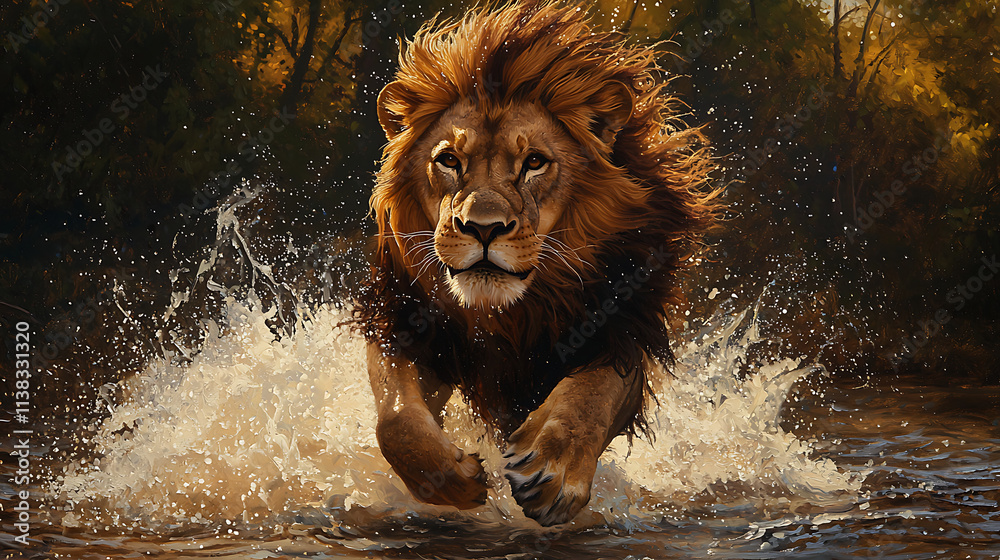 Majestic Lion in Action, Crossing a Waterway
Majestic Lion in Action, Crossing a Waterway