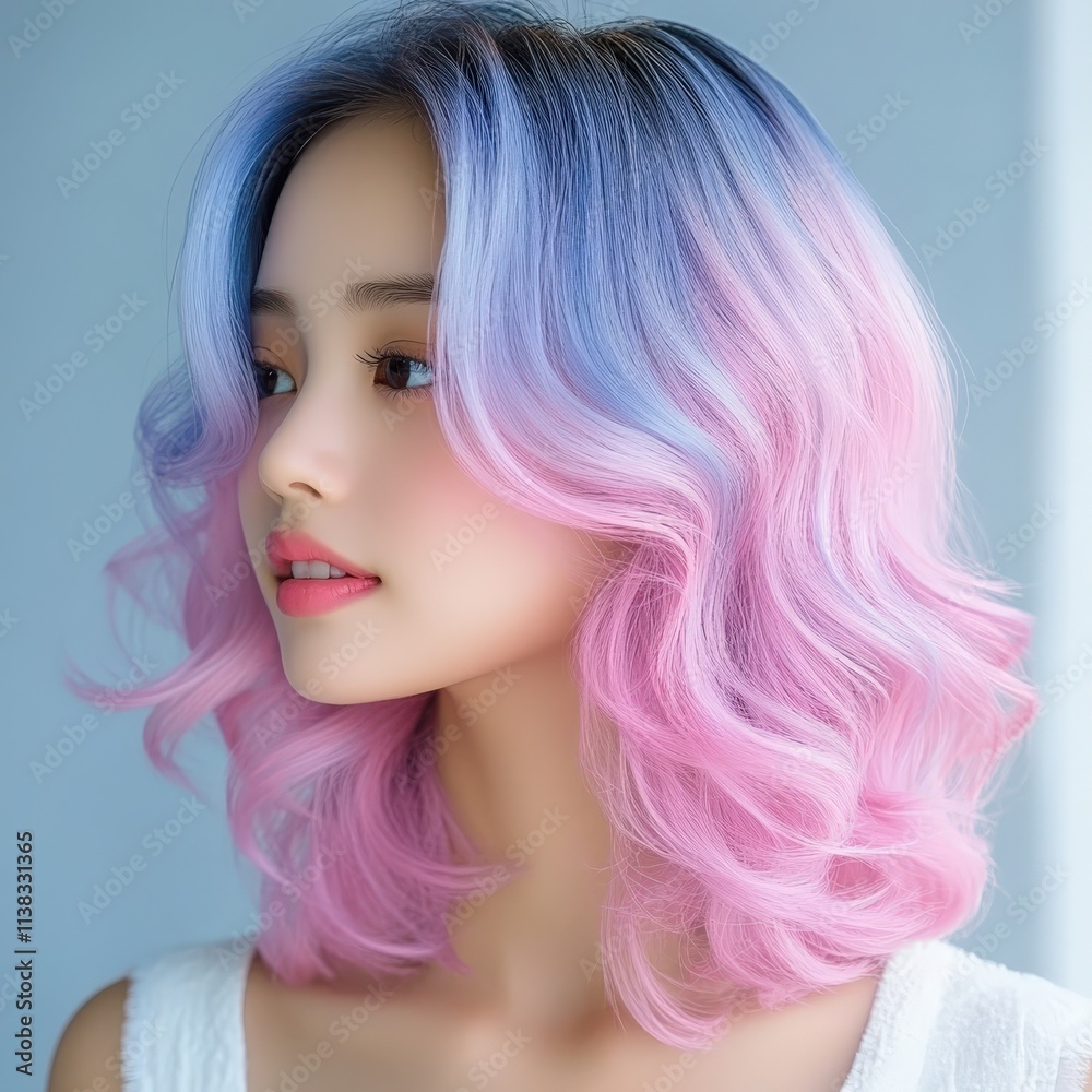 A woman with pink and blue hair is standing in front of a white wall A woman with pink and blue hair is standing in front of a white wall