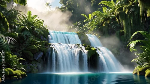 Tropical Waterfall Cascading into Clear Pool Surrounded by Lush Green Jungle and Misty Atmosphere

 photo