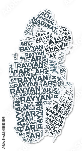 Qatar shape text cloud. Country border with shadow on white background. Qatar with regions division in vintage gazette style. Classy vector illustration.